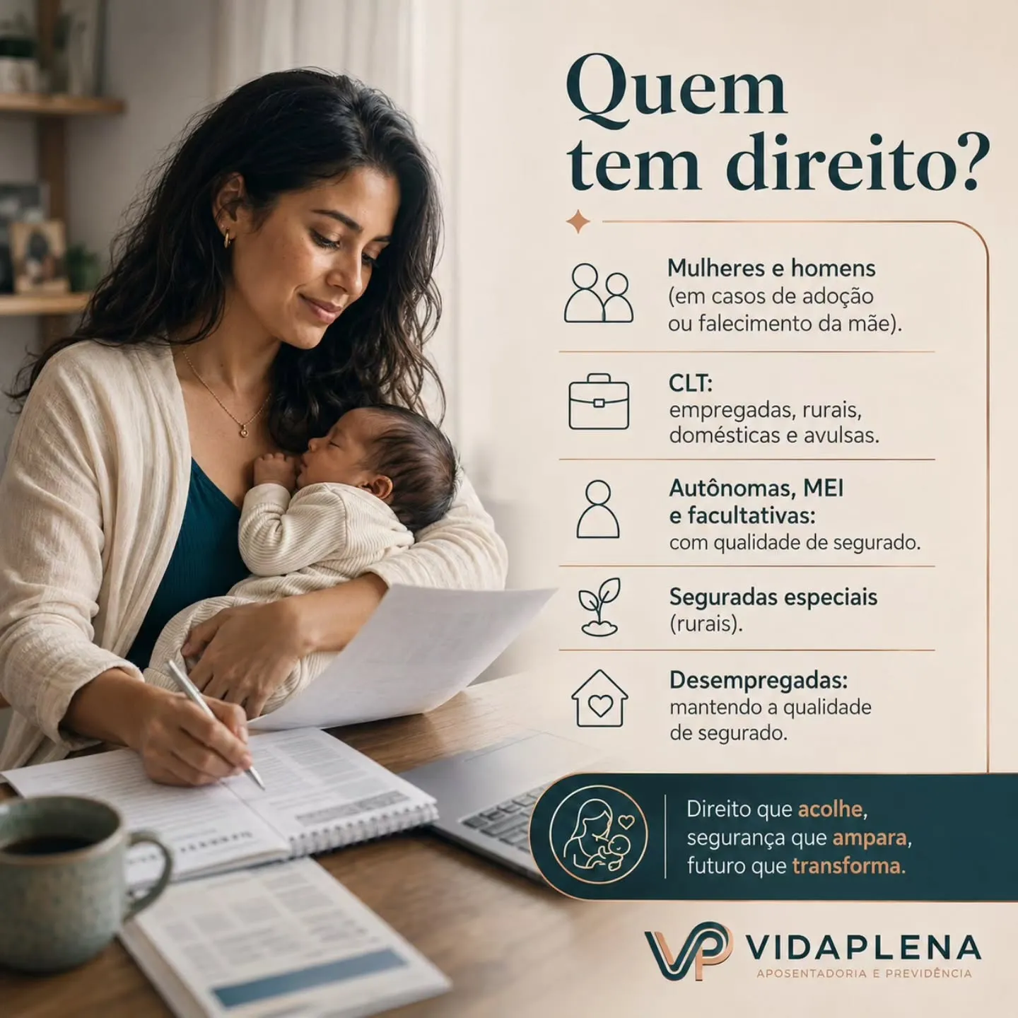 Publicação da Vida Plena: salário-maternidade — quem tem direito (CLT, autônomas, MEI, seguradas especiais e desempregadas).