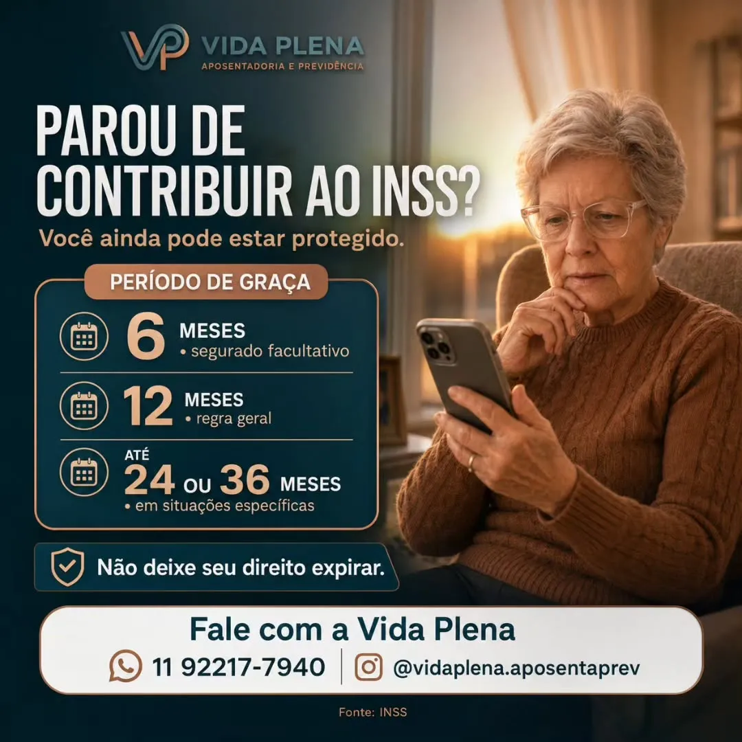 Publicação da Vida Plena: período de graça do INSS — por quanto tempo você segue protegido após parar de contribuir (6, 12, 24 ou 36 meses).